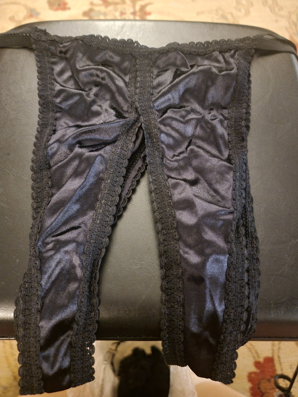 Black Satin Lace-Trim Open Crotch Thong - Women's Intimates